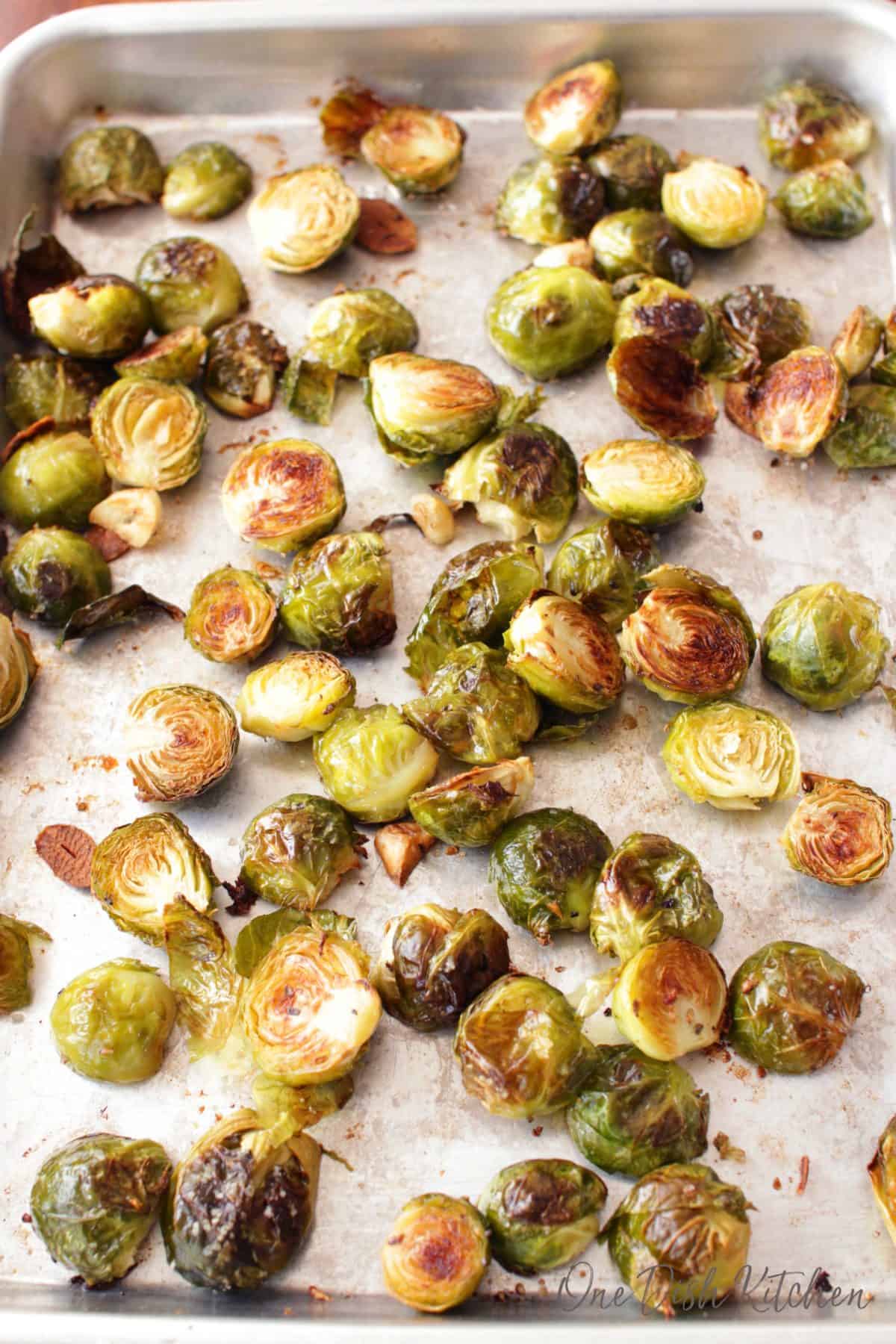 baking tray filled with roasted  brussels sprouts