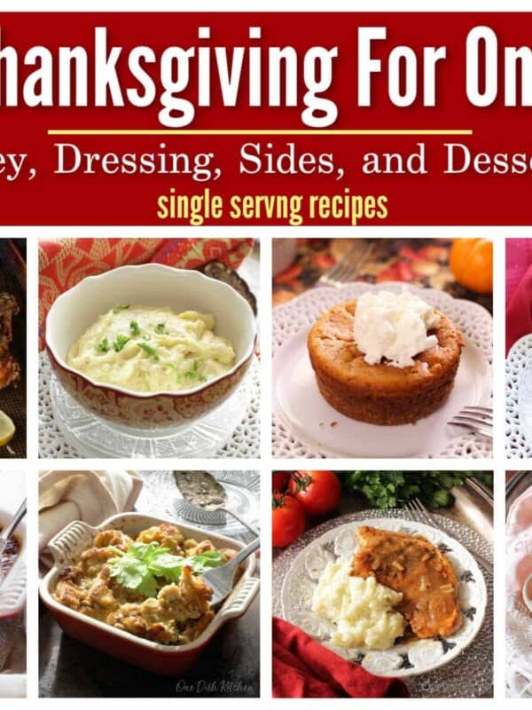 Eight pictures of single serving Thanksgiving dishes.