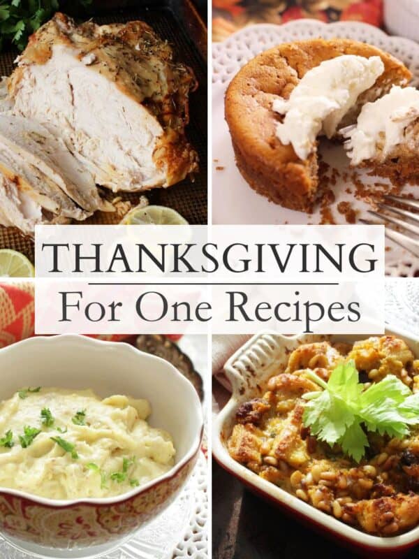 Small Thanksgiving dinner for one recipe images with roast turkey breast, mashed potatoes, stuffing, and mini pumpkin pie on a cozy fall table.