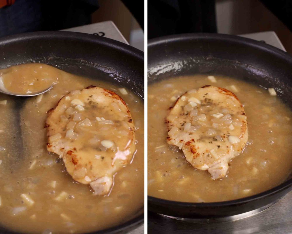a turkey cutlet simmering in a saucepan with gravy.