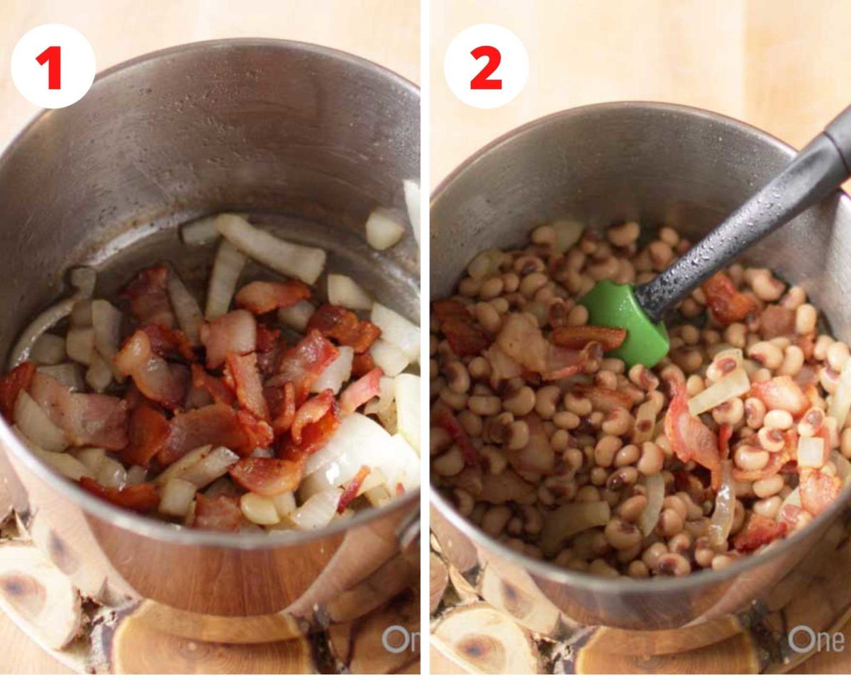 two pictures of black eyed peas in a pot.