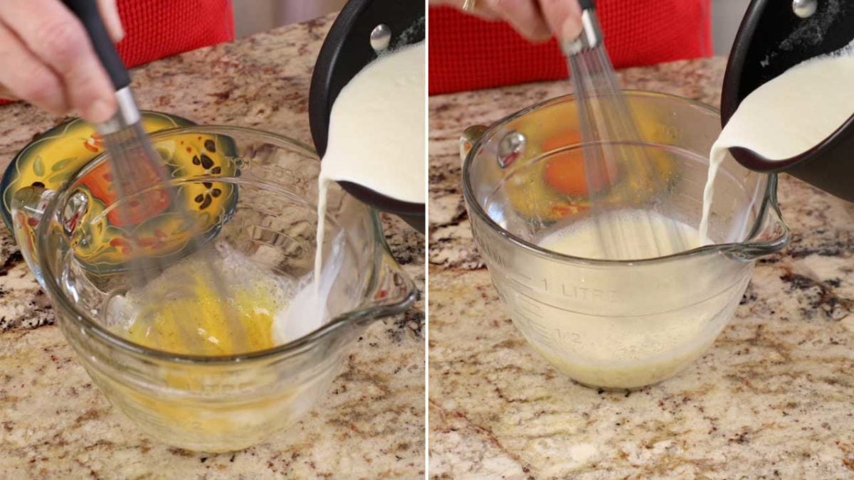 pouring hot milk into eggs to temper them when making eggnog.