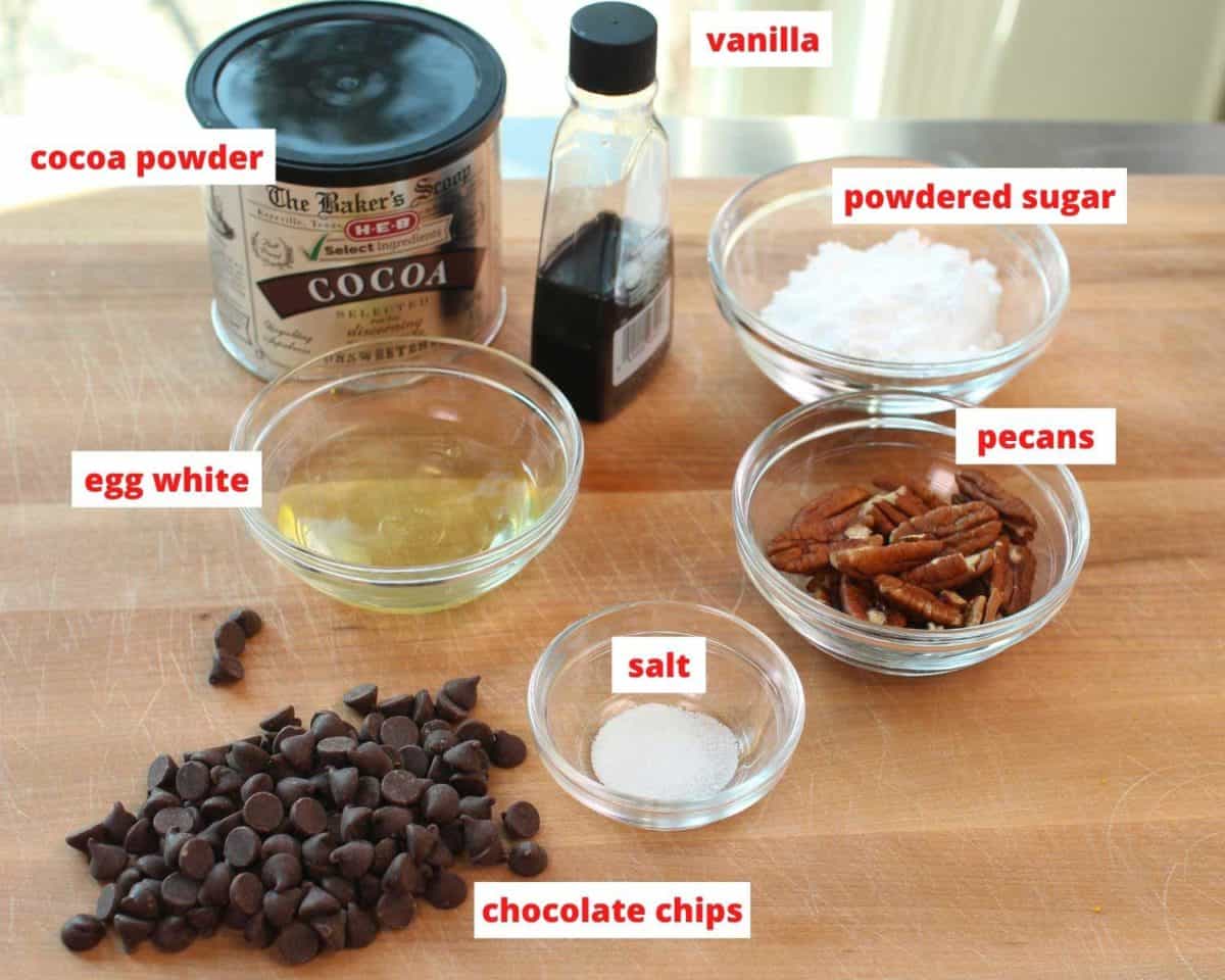 the ingredients found in chocolate cookies spread out on a table.