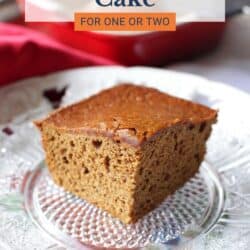 a slice of gingerbread cake on a white plate.