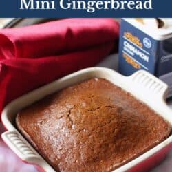 a small gingerbread cake in a red baking dish.