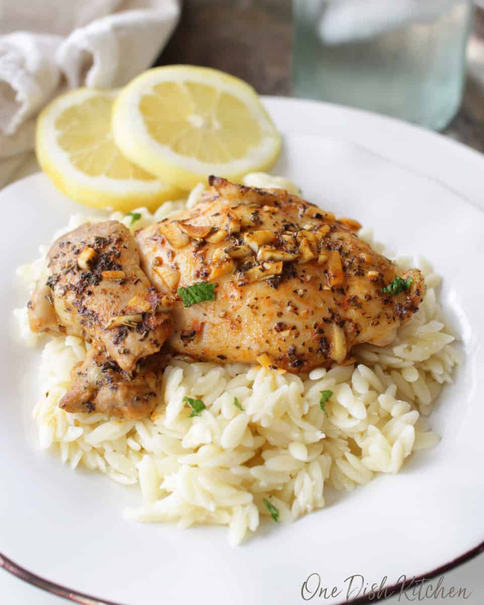 Cooked chicken over orzo pasta with two lemon wheels on a plate.