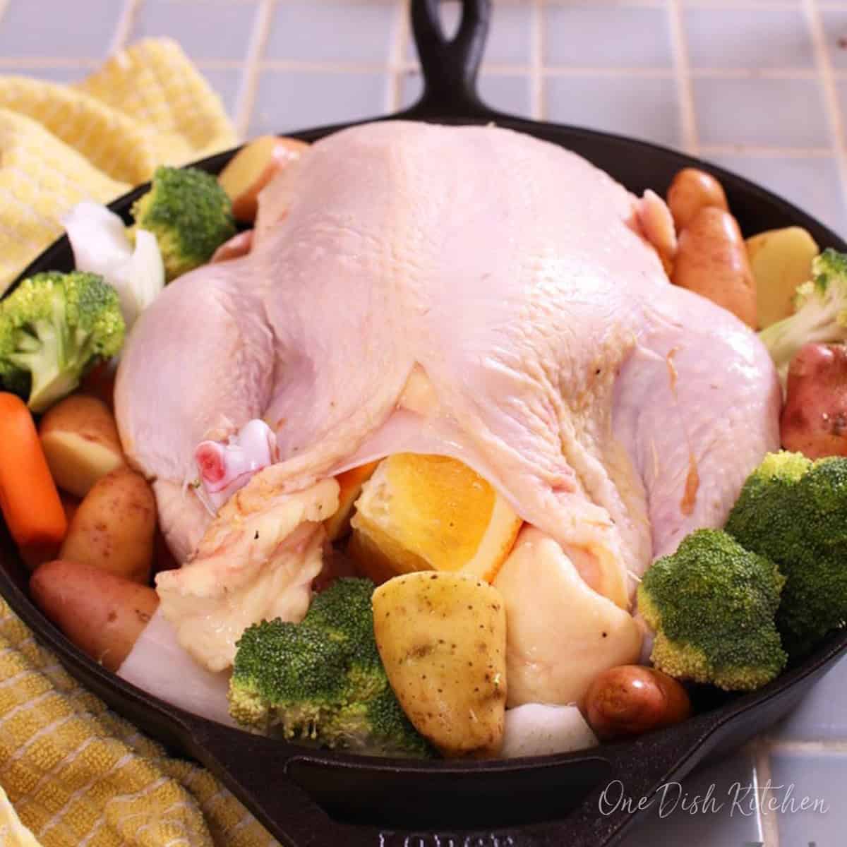 a whole chicken on top of vegetables in a cast iron skillet.