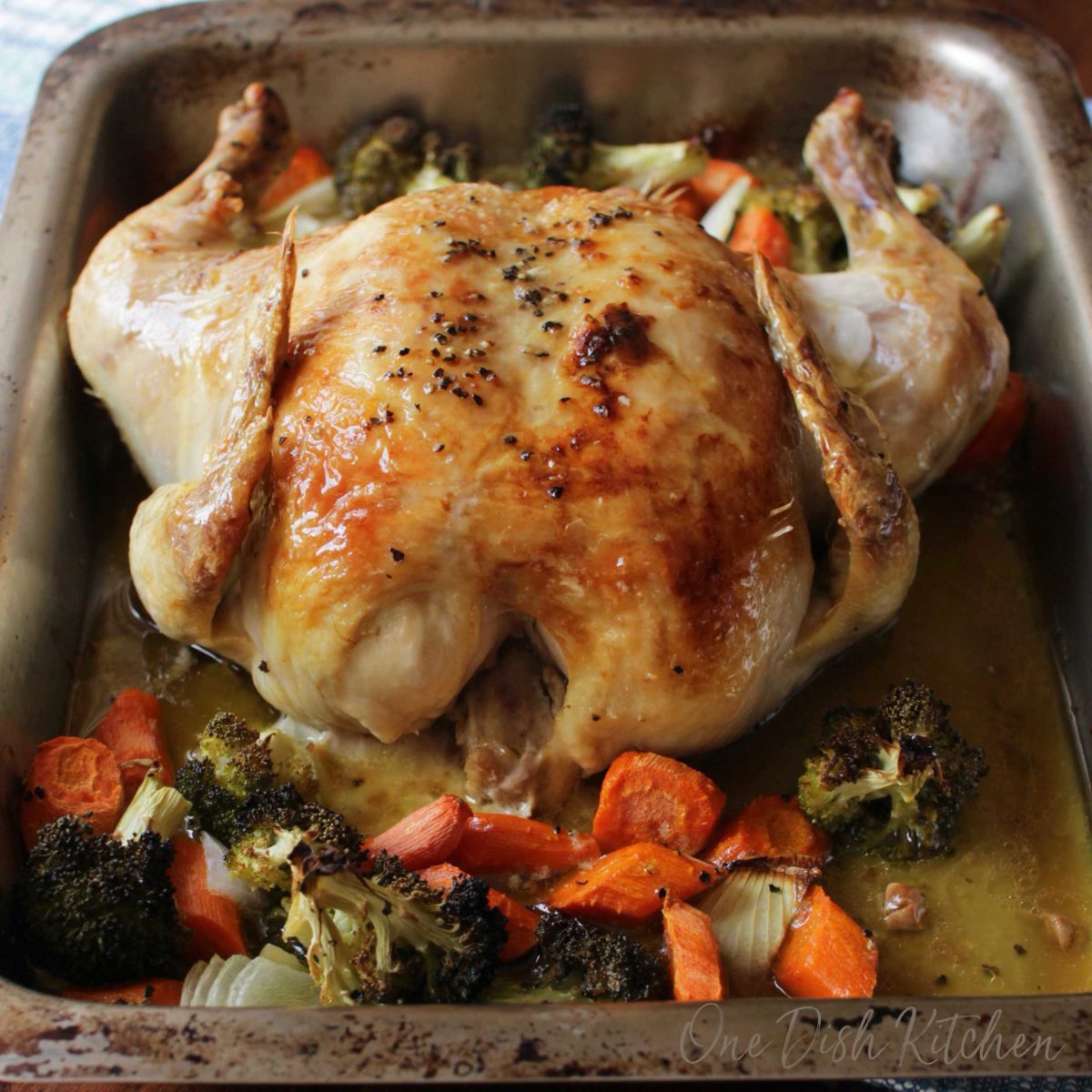 a roast chicken in a roasting pan surrounded by chopped carrots, broccoli and onions