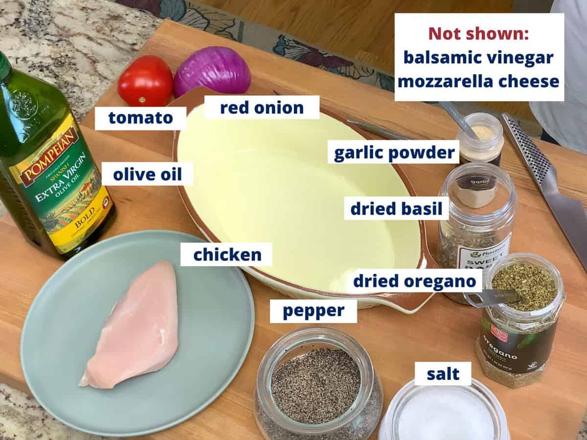 chicken caprese ingredients on a kitchen counter.