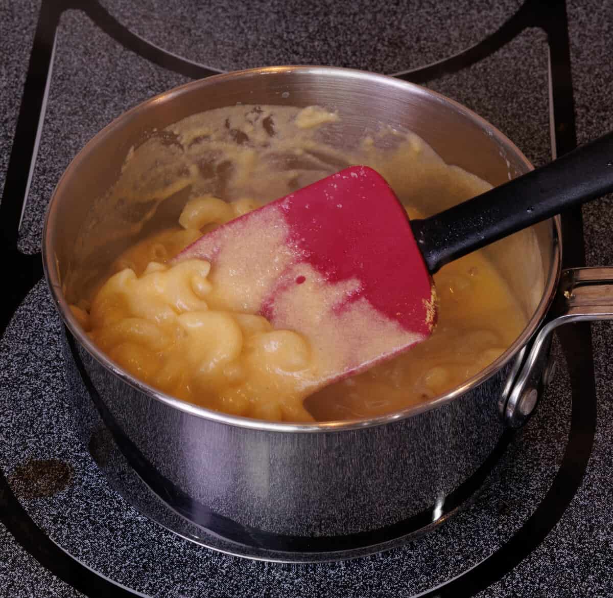 stovetop macaroni and cheese in a saucepan