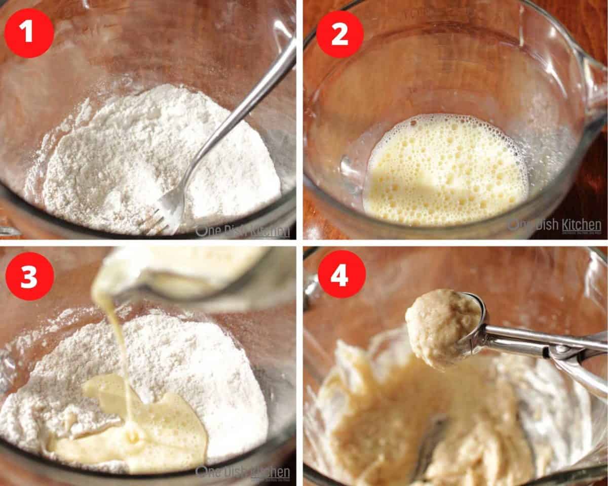 four photos showing how to make the batter for donuts.