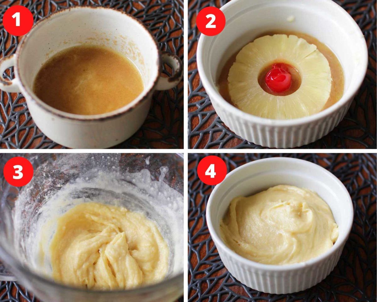 four photos showing how to make a pineapple upside down cake. Melted butter and sugar in a white bowl, a pineapple and cherry on top of the melted butter, cake batter in a bowl, and the batter being poured over the fruit.