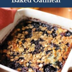 a single serving of baked oatmeal with blueberries in a baking dish.