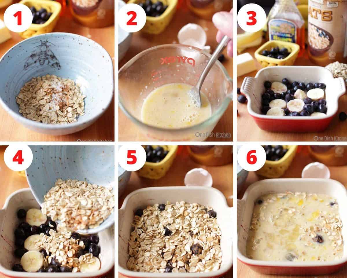 Six photos showing how to make baked oatmeal.