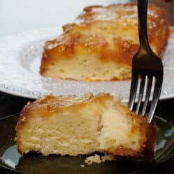 a fork in a caramelized banana upside down cake