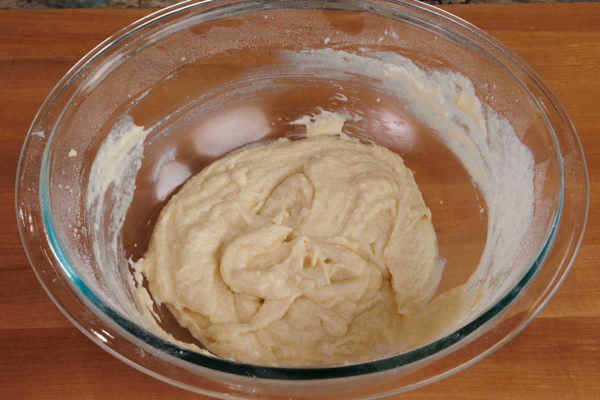 pound cake batter in a mixing bowl.