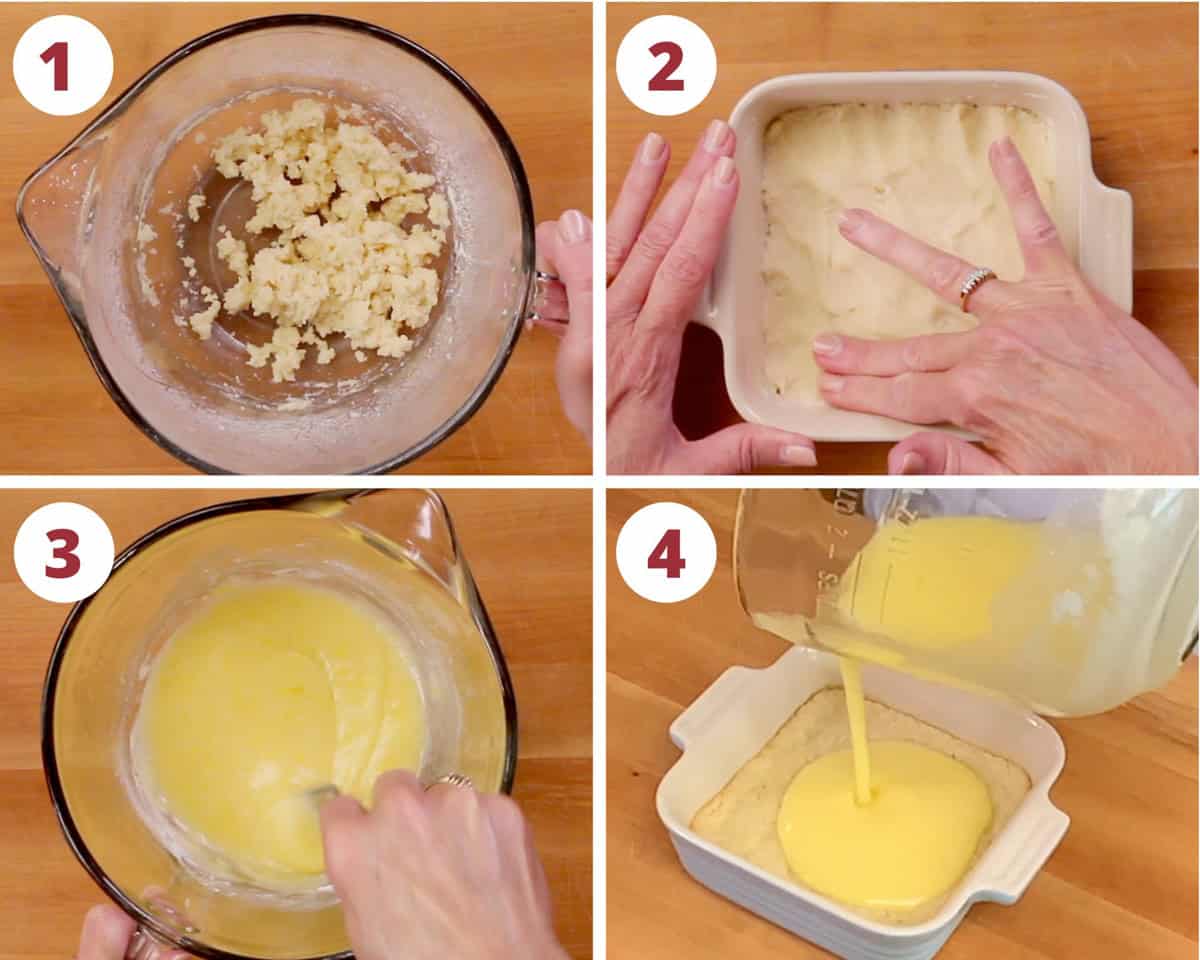 four photos showing how to make lemon bar filling.