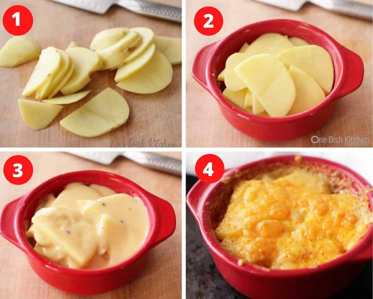 four photos showing the steps involved in making scalloped potatoes.
