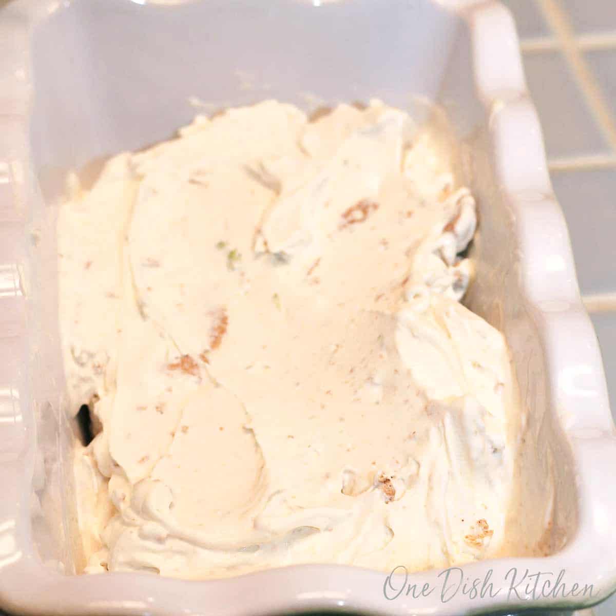 key lime ice cream in a freezer dish.
