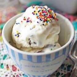 Mint Chocolate Chip Ice Cream scoop in a white and blue striped bowl with sprinkles on top.