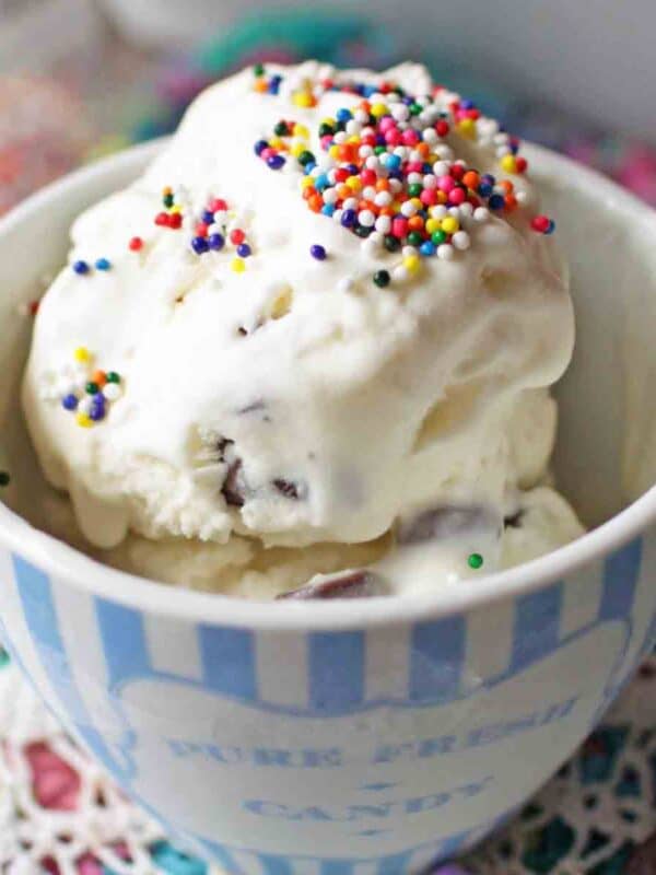 Mint Chocolate Chip Ice Cream scoop in a white and blue striped bowl with sprinkles on top.