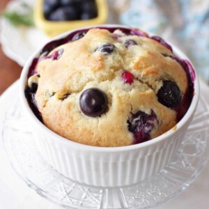 one large blueberry muffin baked in a small ramekin