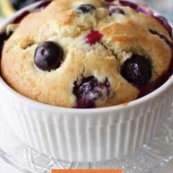 one blueberry muffin in a white ramekin.