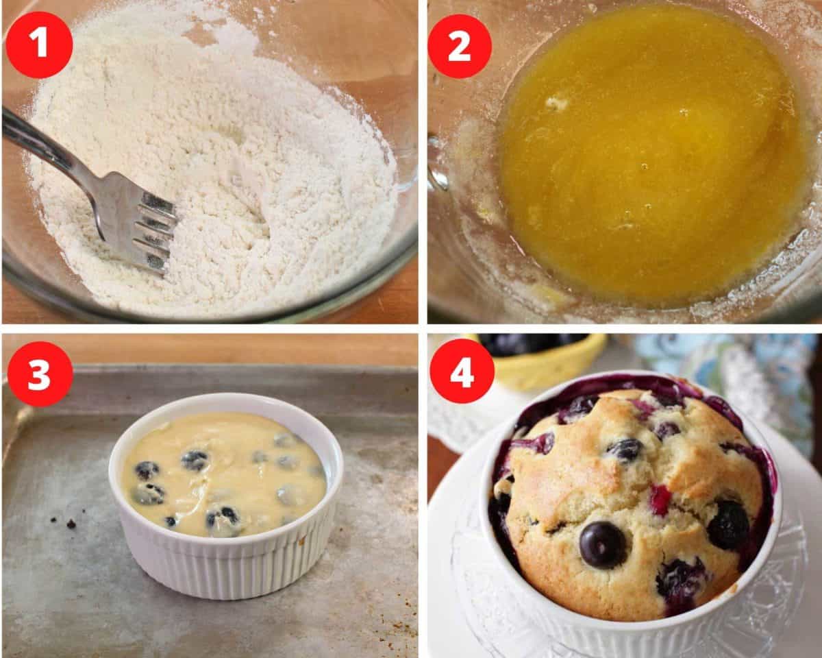 four photos showing how to make a single blueberry muffin.