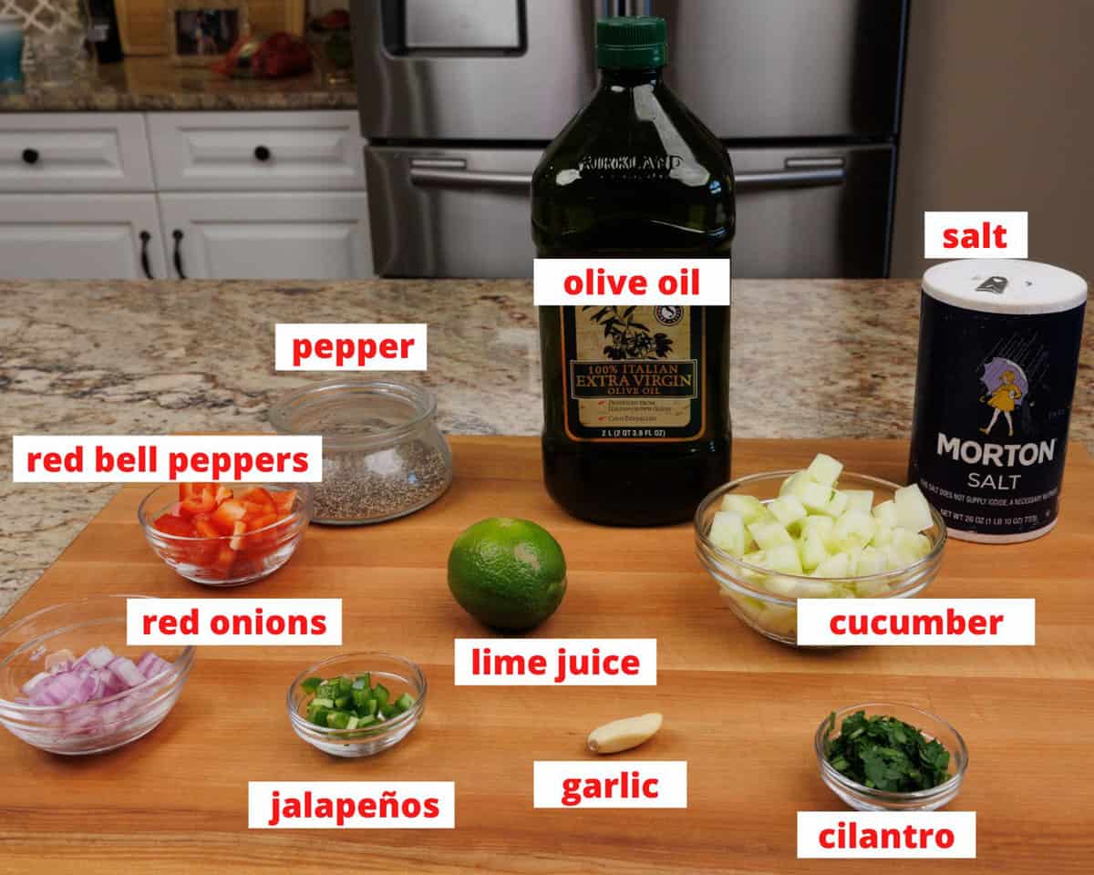 cucumber salsa ingredients on a kitchen counter