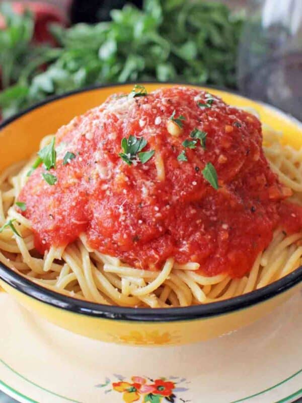 an orange bowl with green trim filled with pasta covered with tomato sauce.