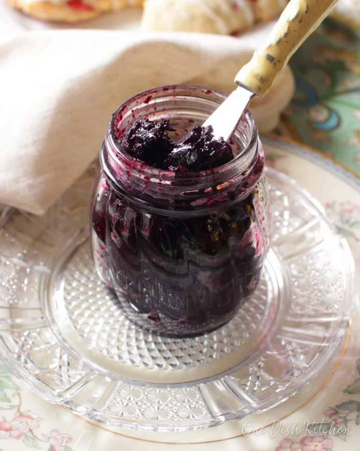 a jar of blueberry jam.