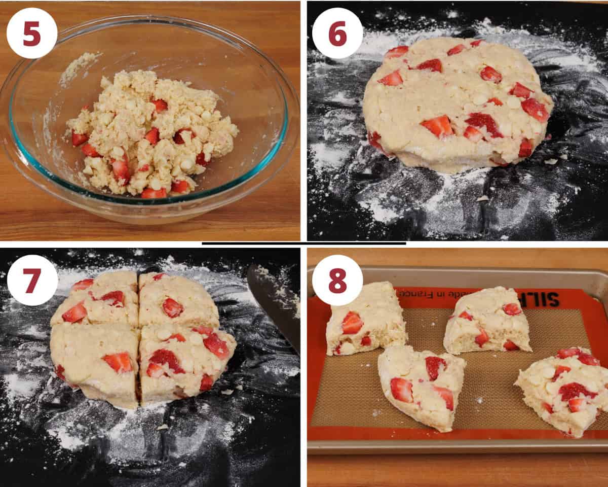 four photos showing how to shape the scone dough with strawberries before baking.