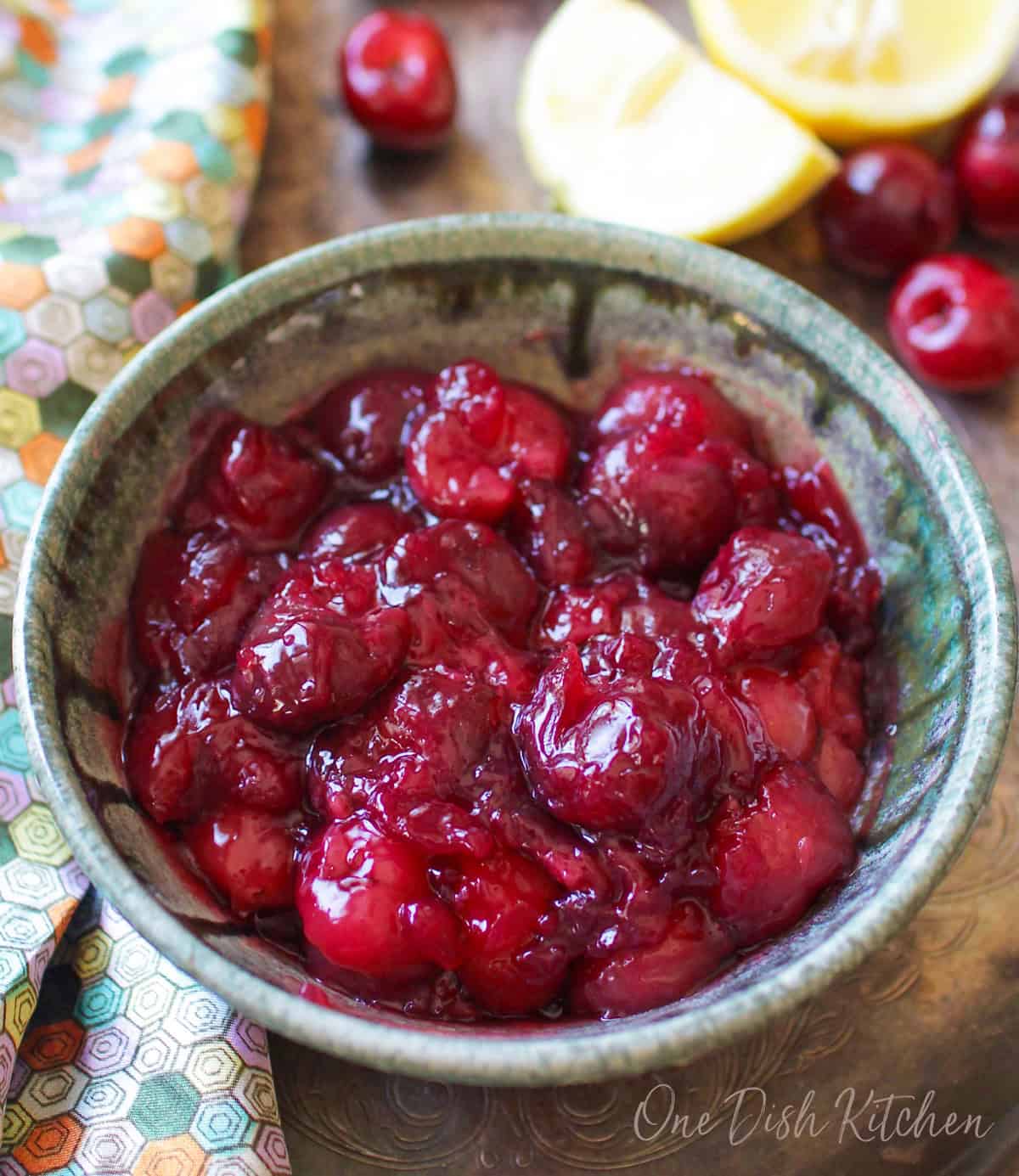 a small batch of homemade cherry pie filling in a bowl.