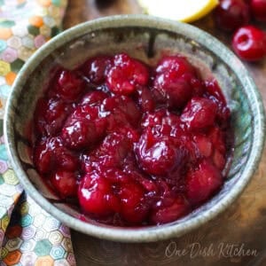a small batch of homemade cherry pie filling in a bowl.