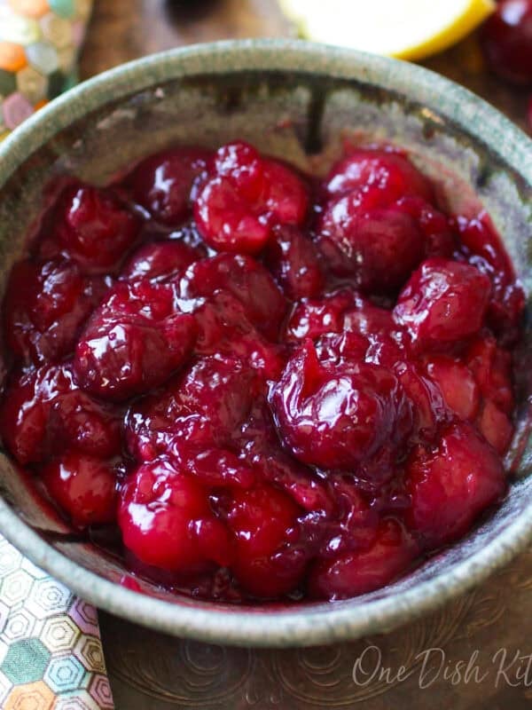a small batch of homemade cherry pie filling in a bowl.