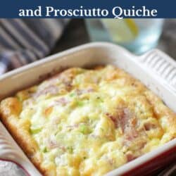 a single serve crustless quiche with goat cheese and prosciutto in a small baking dish.