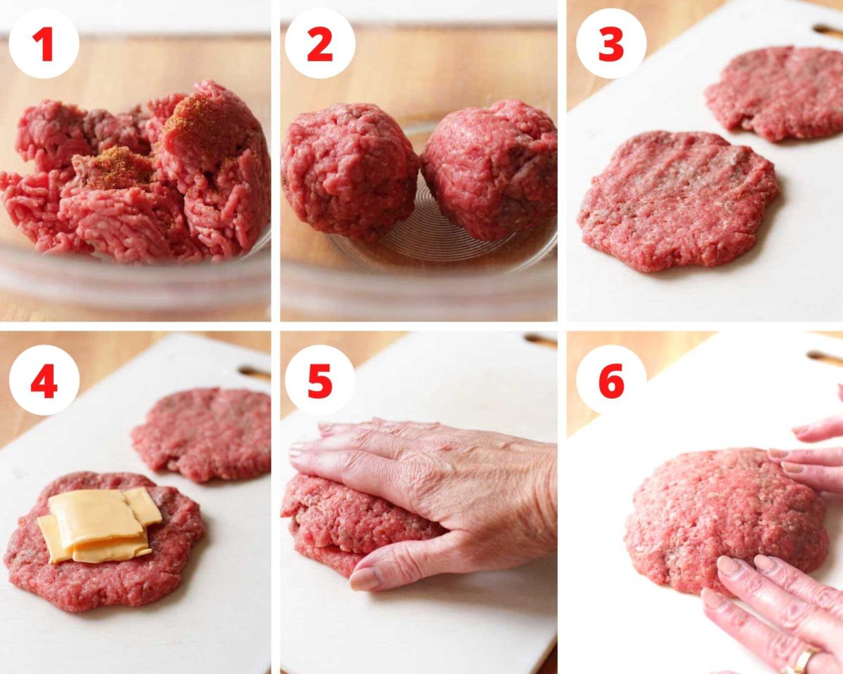 cheese in between two pieces of flattened ground beef patties formed to make a juicy lucy