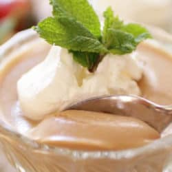 a dessert dish filled with butterscotch pudding topped with whipped cream and fresh mint.