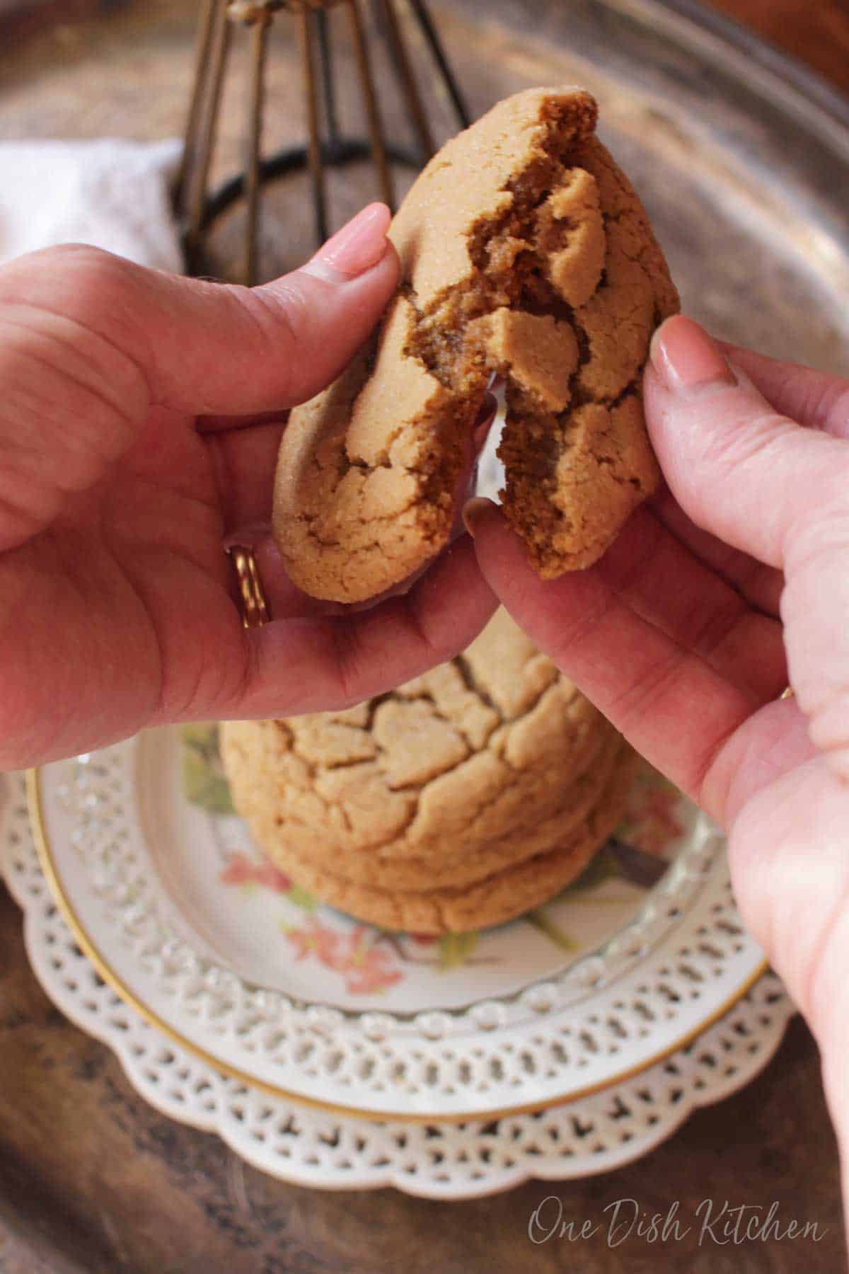 A closeup of breaking a soft ginger cookie in half.