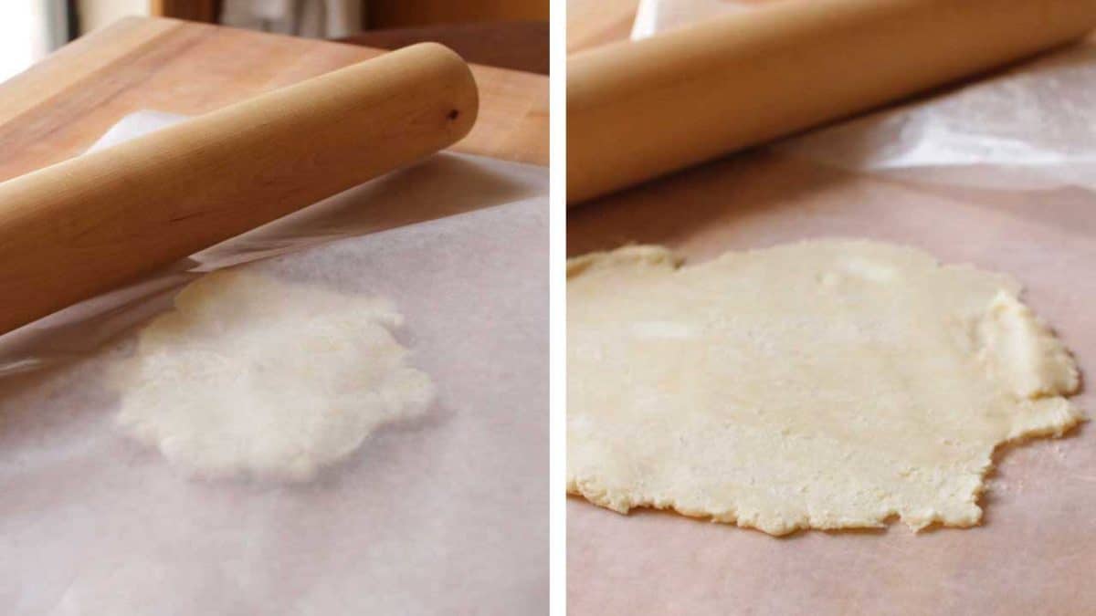 two pictures showing how to make apple galette dough.