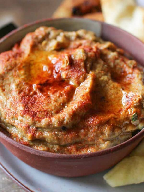 Small batch baba ganoush made with roasted eggplant, tahini, and olive oil.