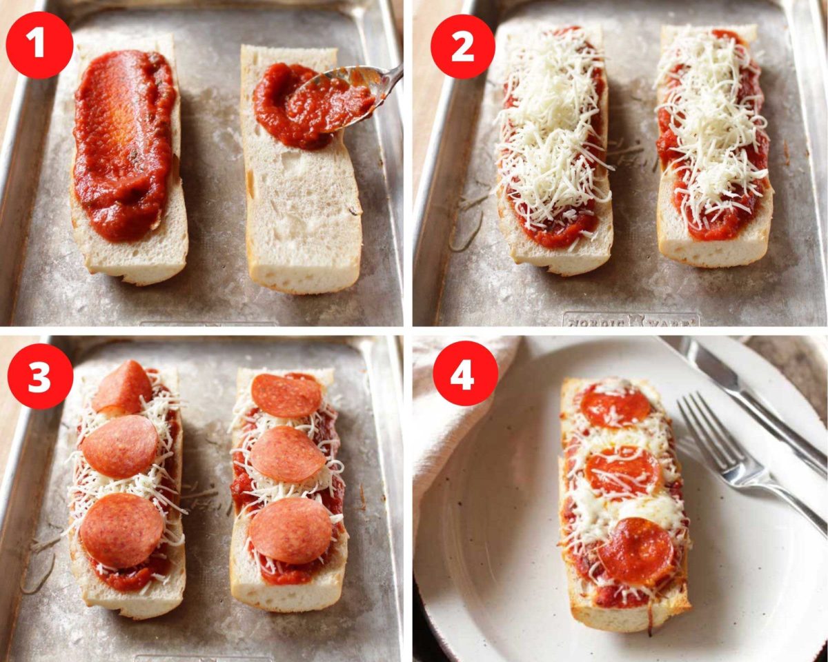 two pieces of french bread sliced in half and topped with tomato sauce, mozzarella cheese, and slices of pepperoni