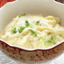 mashed potatoes in a red bowl.