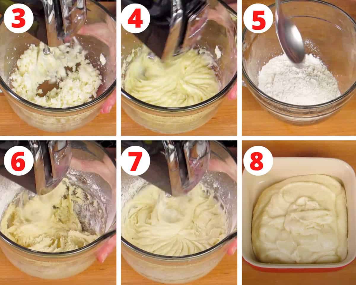 six photos showing how to make a pound cake.