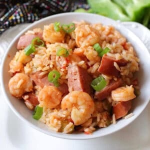 a bowl of shrimp and sausage jambalaya.