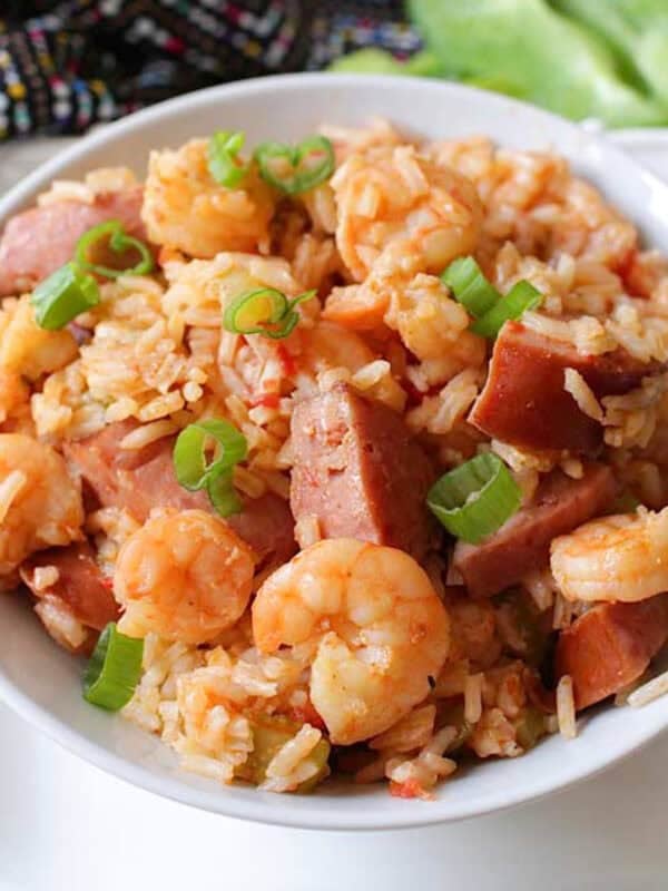 a bowl of shrimp and sausage jambalaya.