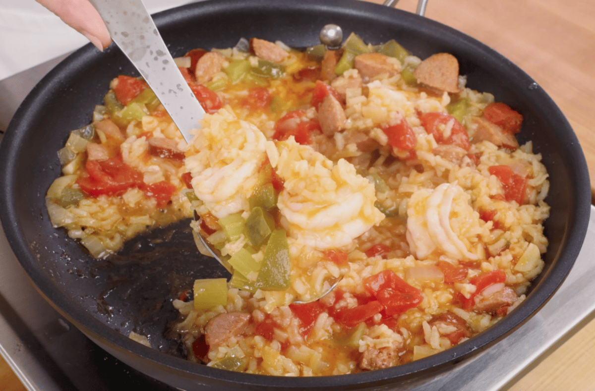 shrimp and sausage jambalaya in a pan.