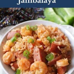 a bowl of shrimp and sausage jambalaya.