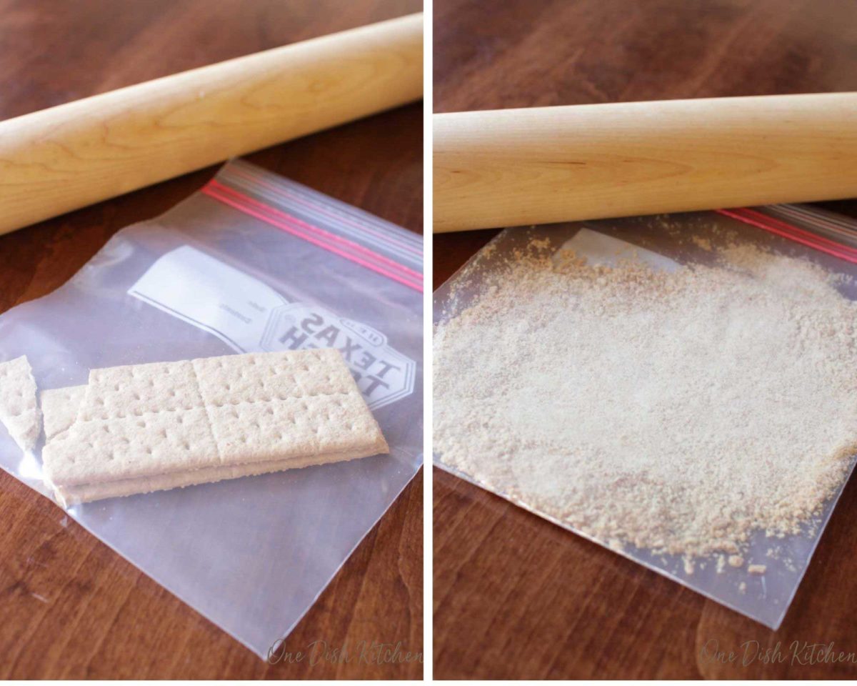 graham crackers in a zip lock bag next to a rolling pin on a table.