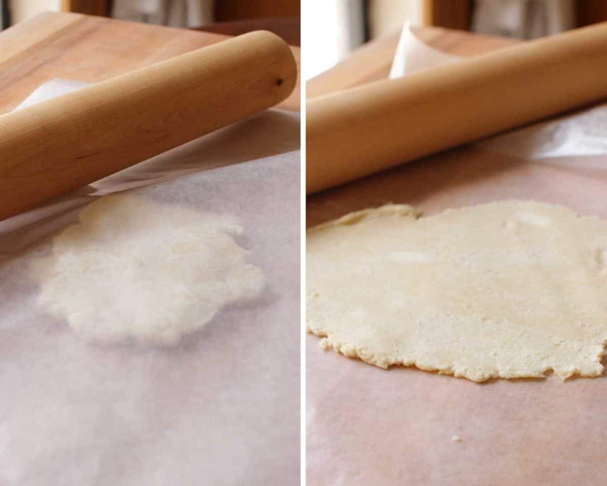 two photos showing how to roll out pie crust dough.